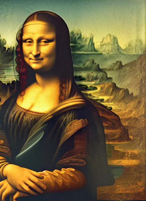 Image similar to oil painting of Mona Lisa holding up an iPhone to take a selfie by Leonardo Da Vinci