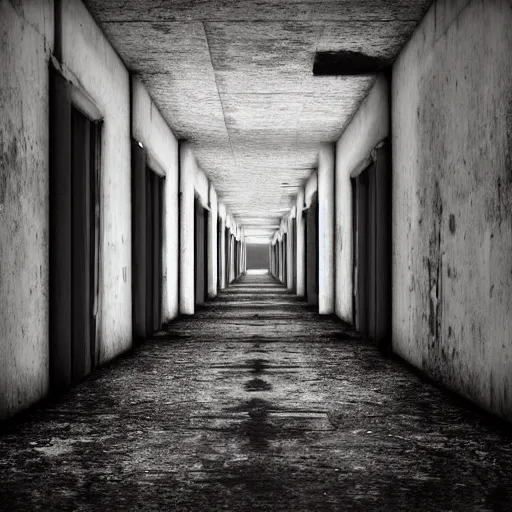 Image similar to a long shadowy decrepit asylum hallway, one point perspective, vanishing point, symmetrical composition, dramatic lighting, by lee madgwick, photorealistic, v - ray render 8 k uhd