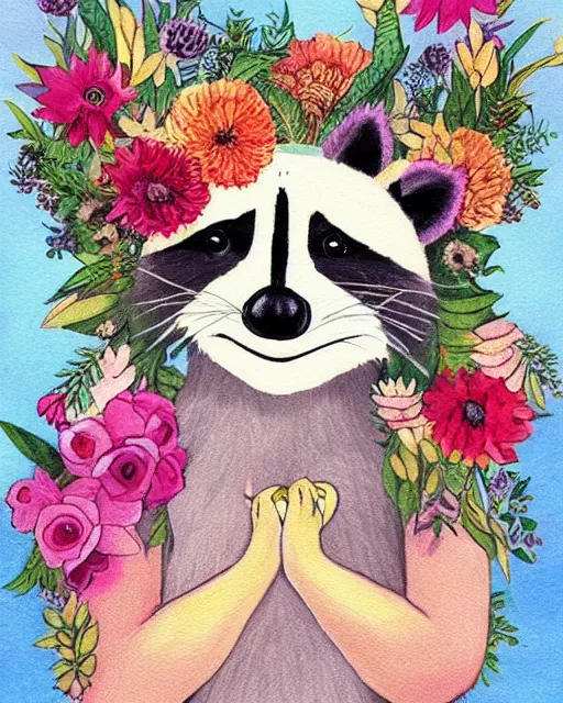 Prompt: a painting of a raccoon wearing a flower crown, a storybook illustration by naomi okubo, pinterest contest winner, furry art, made of flowers, storybook illustration, whimsical, muted colors, white paper background