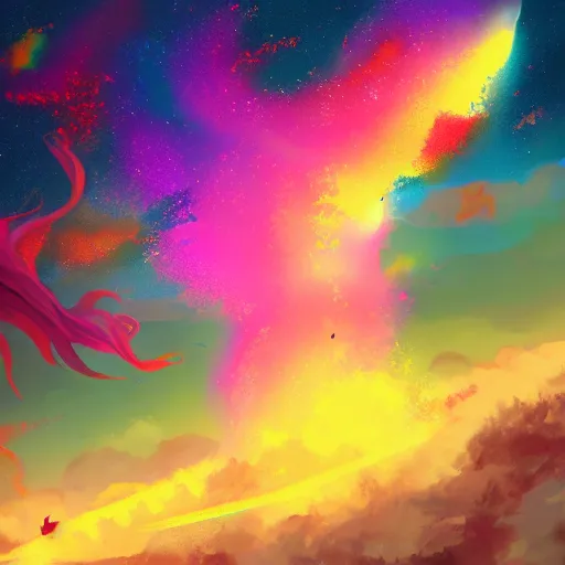 Prompt: a colorful comet falls as a person looks il at the sky, digital anime art trending on artstation