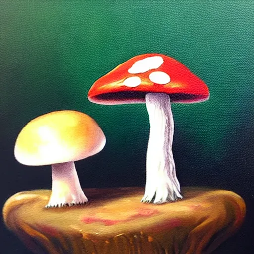 Image similar to a professional oil painting of a cute creature sitting next to a mushroom, detailed, realistic