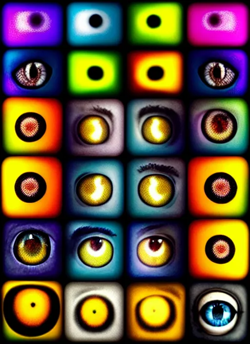 Image similar to grid montage of eyes with cube deformation, square shaped black dilated pupils cubes, cube shaped irises, detailed colored textures, lashes, advanced art, art styles mix, wet reflections in square eyes, sunshine light, hd macro photograph, from side, various cube eyelid positions