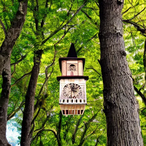 Prompt: quaint painting of an old wooden clocktower emerging from a canopy of trees