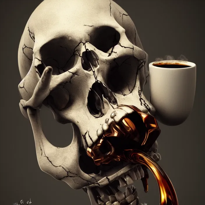 Prompt: skull, drinking from coffee carafe. intricate artwork. octane render, trending on artstation, greg rutkowski very coherent symmetrical artwork. cinematic, hyper realism, high detail, octane render, 8 k, iridescent accents