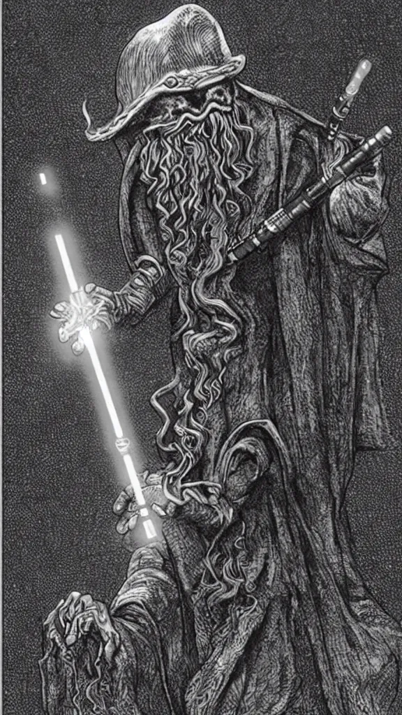 Image similar to Cthulhu wearing a Sherlock Holmes's hat and holding a lightsaber