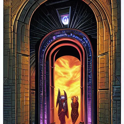 Prompt: demonic portal to a bookstore by Greg Hildebrandt. Stargate