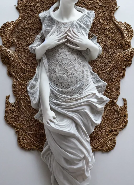 Image similar to romantic marble sculpture of beautiful woman, glistening, mandelbulb, hypercube, ivory carving, fractal paisley inlay, lace, intricate, elegant, highly detailed, gold inlay, metallic, ivory, artgerm, lace, by ruan jia and greg rutkowski