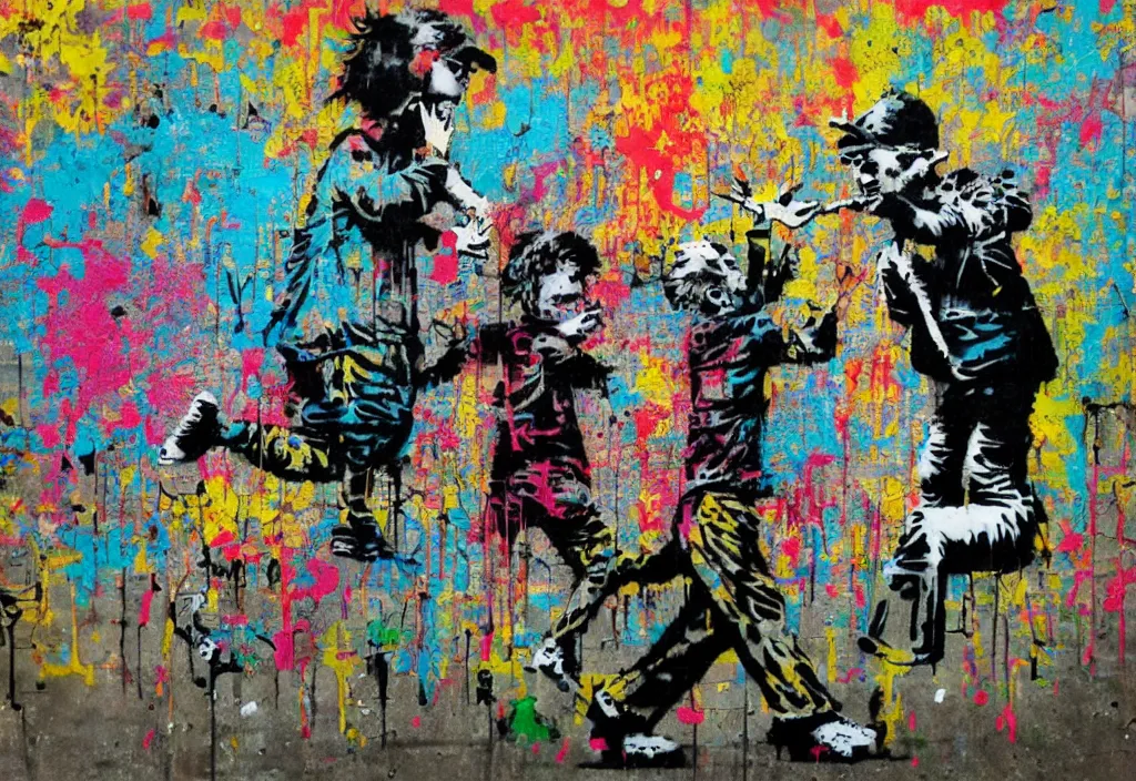 Image similar to full color banksy graffiti anti art, rage against the status quo, detailed, realistic, glitch art effect