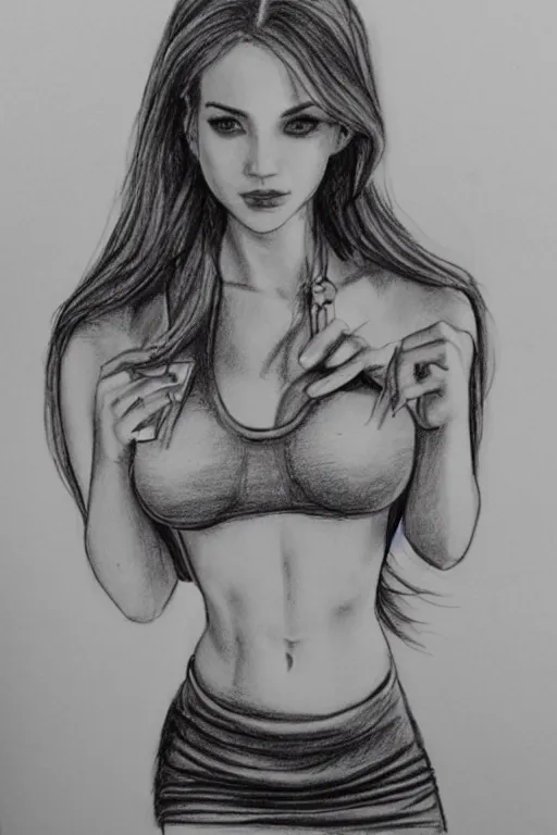 Image similar to a realistic pencil drawing of the most attractive woman on earth, extremely pronounced feminine features, midriff, loose belly shirt, miniskirt, higheels, low dutch angle, face in focus, natural lighting, realism, large feminine body parts, fff cup