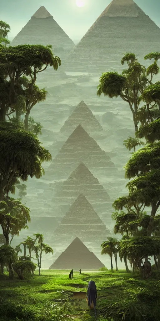 Prompt: symmetry!! the lost ancient megalithic builders, ancient egypt pyramids, lush green, surreal landscape, very detailed, perfect composition, perfect lighting, 4 k, trending on artstation, greg rutkowski, derek zabrocki, jacques - laurent agasse, artgerm, cgsociety, octane render