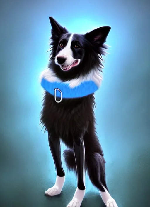 Image similar to full body digital painting of a cute male anthropomorphic border collie fursona wearing a blue dog collar and standing in the rain, beautiful, model pose, realistic proportions, highly detailed, scenic background, trending on artstation, art by charlie bowater and henry asencio and and ross tran