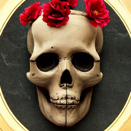 Prompt: a man in the form of a greek statue, with a mask in the form of a skull, red flowers blooming, ornate golden background, baroque