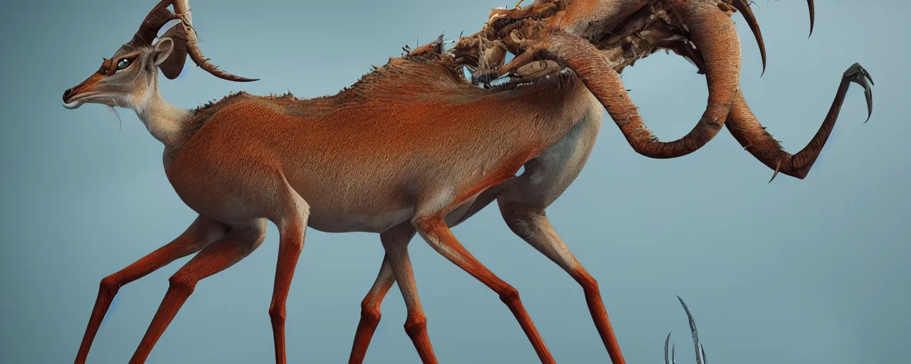 Prompt: creature design, a gazelle with crustacean carapace, cryptid, cinematic lighting, octane render, cinematic aura lighting, atmospheric, photorealistic, hyperdetailed 3 d matte painting, hyperrealism, hyperrealistic