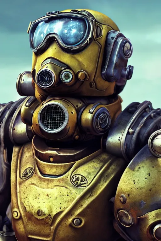 Image similar to fallout 7 6 power armor, hyper realistic, design by mark ryden and pixar and hayao miyazaki, unreal 5, daz, hyperrealistic, octane render, cosplay, rpg portrait, dynamic lighting, intricate, that looks like it is from borderlands and by feng zhu and loish and laurie greasley, victo ngai, andreas rocha, john harris