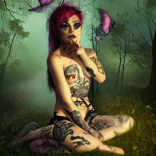 Prompt: portrait, beautiful punk rocker girl, with tattoos and piercings, sits in a mystical misty forest, reading under a tree, fireflies and fairies, fishnets, skirt, dramatic lighting, cinematic, establishing shot, extremly high detail, foto realistic, cinematic lighting, post processed, concept art, artstation, matte painting, style by eddie mendoza, raphael lacoste, alex ross