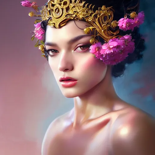 Prompt: realistic expressive oil painting, of alluring european princess, seductive look, smooth glowing skin, glistening body, love, adoration, ornate headpiece made from flowers, glamour shot, by yoshitaka amano, by greg rutkowski, by jeremyg lipkinng, by artgerm and sue bryce, digital art, octane render