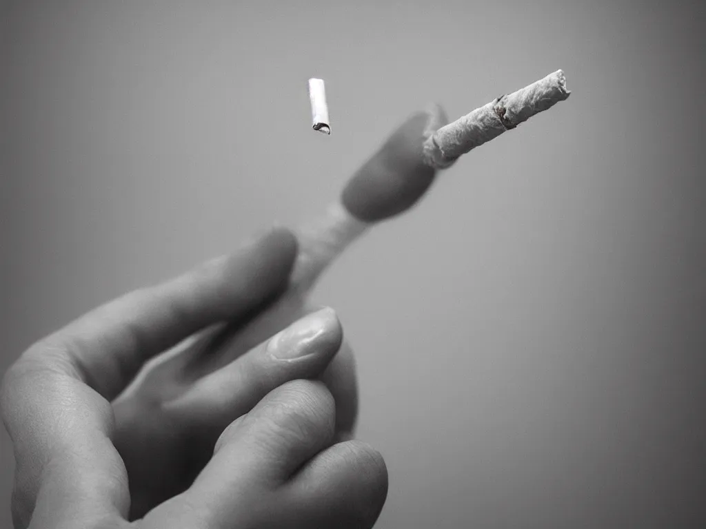 Prompt: Close-up view of hyperrealistic thin soft hand holding cigarette with smoke, by George Marks, hyper realism, 4K