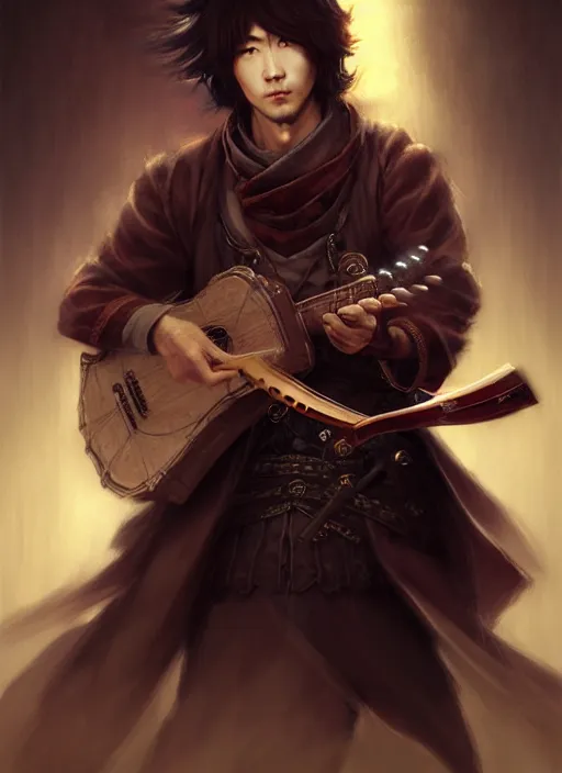 Image similar to modern japanese male bard playing lute, full body, hyper realistic, blade runner, extremely detailed, dnd character art portrait, dark fantasy art, intricate fantasy painting, steampunk, dramatic lighting, vivid colors, deviantart, artstation, by clyde caldwell and krenz cushart and artem demura and john williams waterhouse