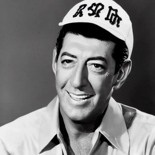 Prompt: portait of Dean martin wearing a baseball cap and a $ chain, 90's rap album cover