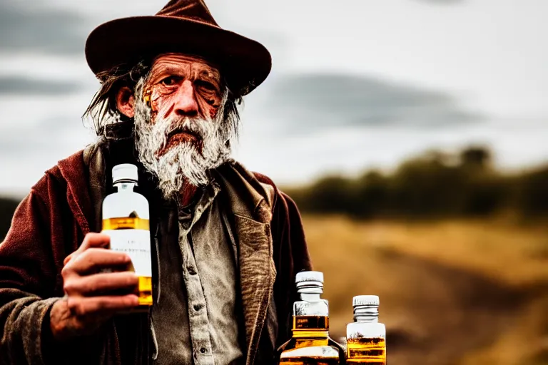 Image similar to dirty hobo holding a bottle of hawthorn tincture in his hands, professional shooting, model shooting, high quality, professional light,