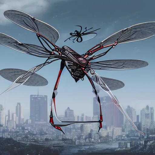 Image similar to giant mechanical dragonfly drone digital art, concept art, trending on art station