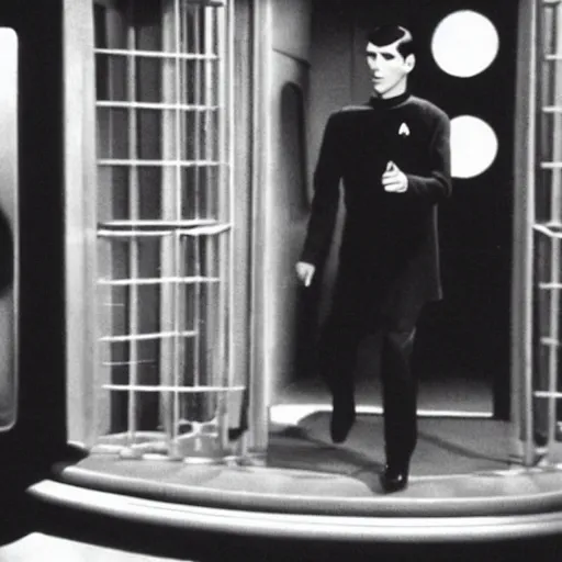 Prompt: photo of mr spock, mr spock star trek exiting!! the tardis!!!