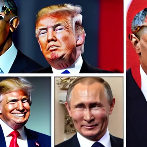 Prompt: putin, trump, obama and bush are having a lightsabber fight and smiling