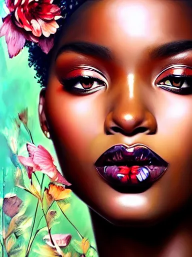 Prompt: portrait of a gorgeous black woman with a floral background : : painted by artgerm, karol bak, artur bordalo, sandra chevrier : : portrait, character, illustration, hyperrealism, photorealism