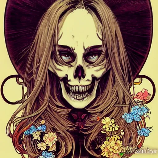 Image similar to anime manga skull portrait girl female skeleton illustration hyperrealistic art Geof Darrow and will cotton alphonse mucha pop art nouveau
