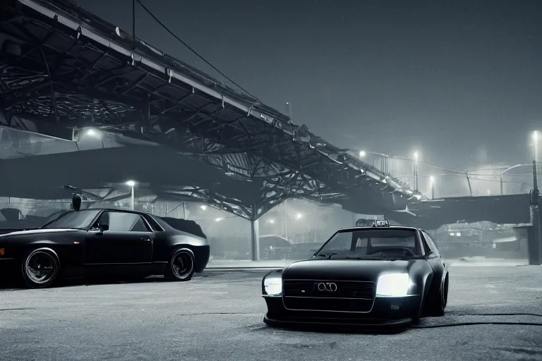 Image similar to widebody all black audi camaro b 7 ( 1 9 6 9 ) modernized, need for speed : carbon, at night, sci - fi, neon lines, phonk music background, smoke behind wheels, noise, dark, establishing shot, by simon stalenhag