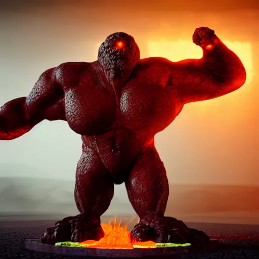 Image similar to a large, muscular, standing, humanoid, lava rock, magma, fire golem creature, burning eyes, exaggerated perspective, unreal engine, 3 5 mm pointing up