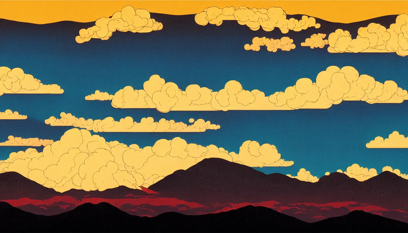 Prompt: clouds over mountain light rays by dan mumford and peter doig and edward hopper, symmetrical, minimal, black ink, thick lines highly detailed, muted colours 8 k