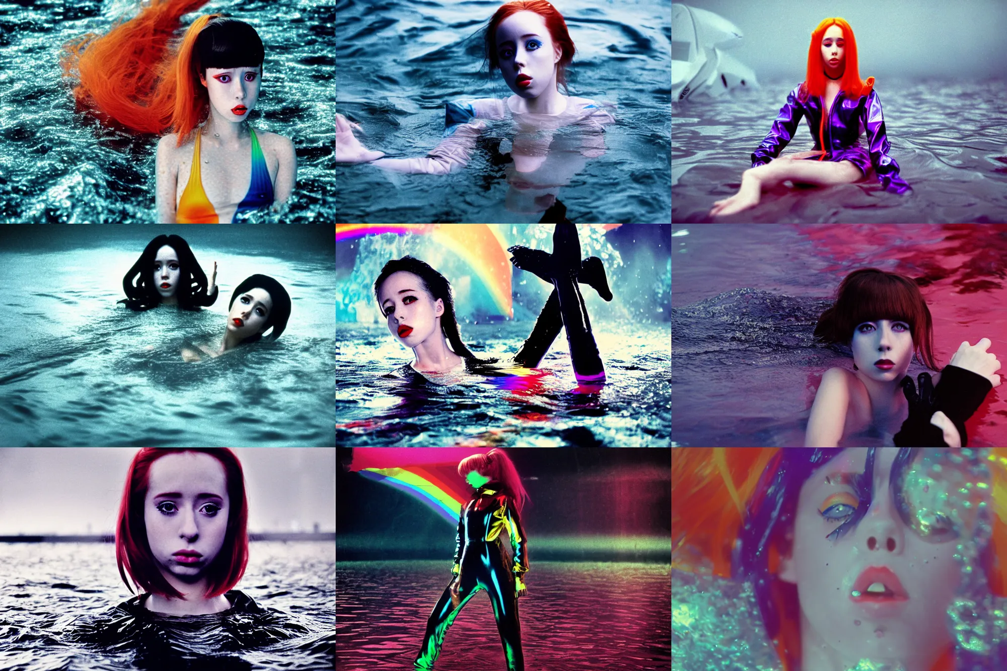 Prompt: Beautiful Holly Herndon style occult seinen manga Fashion photography portrait tokyo top gun(1980) movie still from underwater space dance scene of model, wearing refracting rainbow diffusion wet plastic Balenciaga designed specular highlights anti-g flight jump suit, half submerged in heavy nighttime floods, water to waist, , épaule devant pose;pursed lips;athletic; pixie hair,eye contact, ultra realistic, Panavision Panaflex X , Technicolor, 8K, 35mm lens, three point perspective, tilt shift mirror kaleidoscope orbs background, extreme closeup portrait, chiaroscuro, highly detailed, by moma, by Nabbteeri by Sergey Piskunov