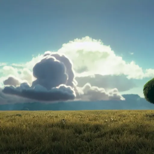 Image similar to an ultra photorealistic and sharp film still of a perfectly round circular white cloud in the sky. wide shot, wes anderson, studio ghibli, pixar and disney animation, octane render, dramatic lighting, award winning photography