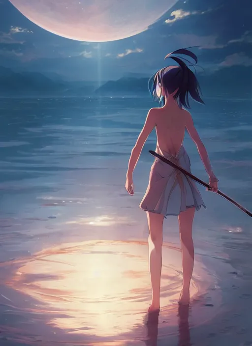 Prompt: anime girl with a katana walking on water, ripples, backdrop of dawn, backshot, saturn in the background, low angled illustration from demon slayer, concept art, anime, key visual, trending pixiv fanbox by wlop and greg rutkowski and makoto shinkai and studio ghibli