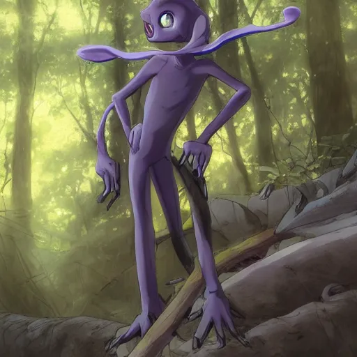 Image similar to concept art painting of an anthropomorphic purple gray anime reptile humanoid, in the deep forest, realistic, detailed, cel shaded, in the style of makoto shinkai and greg rutkowski and james gurney