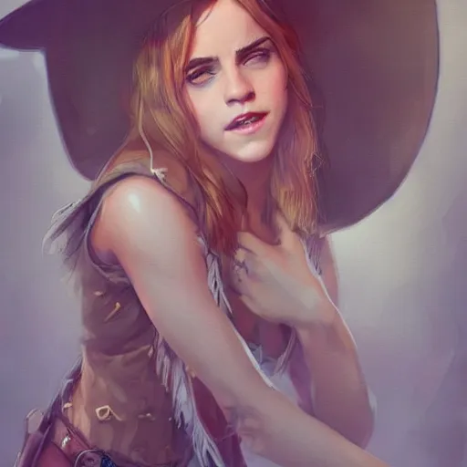 Image similar to sensual emma watson wearing a cowboy hat and a dress, looking seductive, wild west setting, hyperrealistic, artgerm, greg rutkowski, artstation, highly detailed