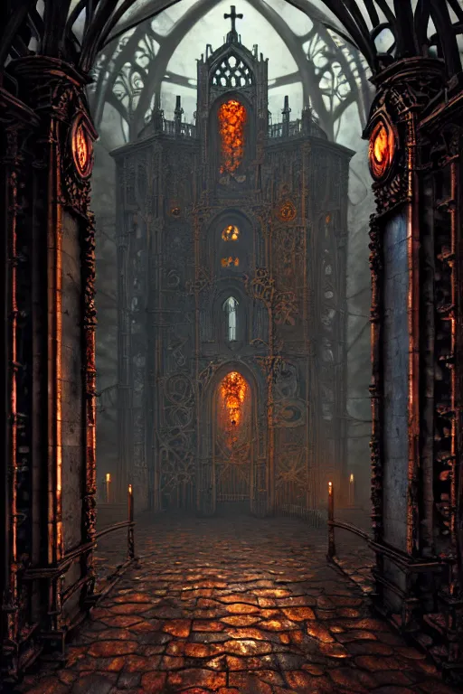 Image similar to steam necropolis, memento mori, gothic, neo - gothic, art nouveau, hyperdetailed copper patina medieval icon, stefan morrell, philippe druillet, ralph mcquarrie, concept art, steampunk, unreal engine, detailed intricate environment, octane render, moody atmospherics, volumetric lighting, ultrasharp, ominous, otherworldly