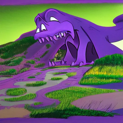 Image similar to The Purple People Eater :: extremely detailed landscape, Pixar, concept art by Don Bluth :: a masterpiece by Alan Davis ::