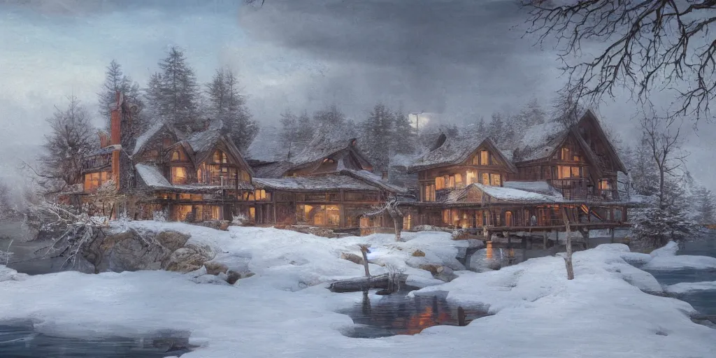 Prompt: an oil painting of a lakehouse in winter, masterpiece, highly detailed, high quality, 4 k, anatomically correct, hyperrealistic, concept art, octane render, unreal engine 5, trending on artstation, trending on deviantart, matte, historical painting, fantasy style, path traced, high coherence, soft lighting, digital painting, mythical, by leonardo da vinci