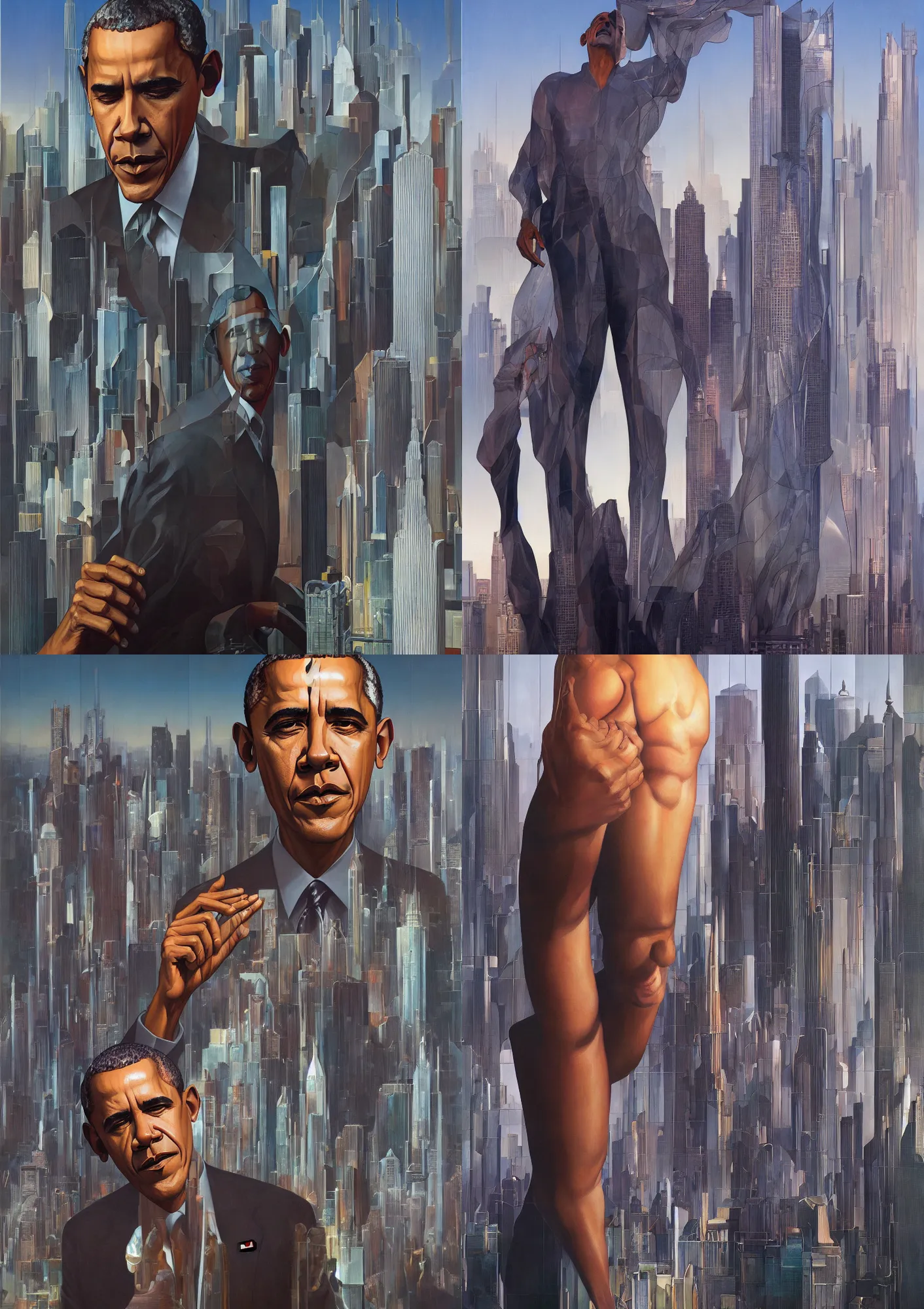 Prompt: obama close up, glass and steel metropolis, muted color scheme, by olivier valsecchi, thomas blackshear and moebius