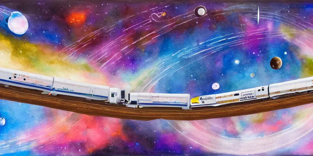 Image similar to a mixed media portrait painting of a space train traveling between the stars, with the rings of saturn in the distant background