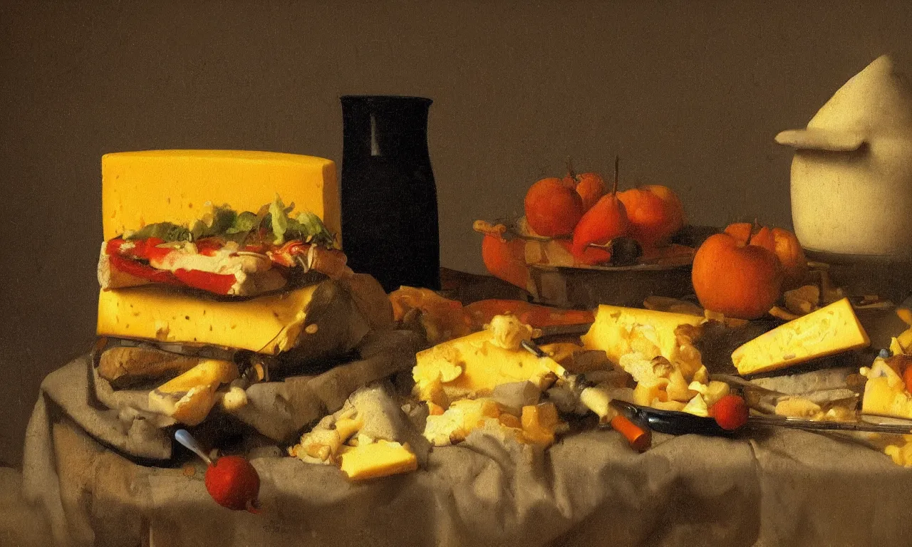 Image similar to still life of a juicy cheesebuger painted by Johannes Vermeer, vivid colors, high details, cinematic, 8k resolution, beautiful detailed, photorealistic, digital painting, artstation, concept art, smooth, sharp focus, illustration, fantasy background, artstation trending, octane render, unreal engine