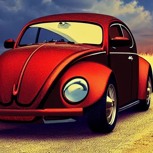 Prompt: promotional scifi - blockbuster movie scene of a ladybug merged with a'glossy volkswagen beetle '. it has wings and is flying down a dusty backroad along a gentle creek in smokey mountains tennessee. cinematic, muted dramtic color, 4 k, imax, 7 0 mm, hdr