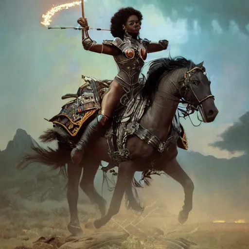 Prompt: aetaesthetichetic black woman, wearing leather armor, riding a horse in the mountains on a dark and stormy night, lightening, rtx rendering, octane render 1 2 8 k, maya, extreme high intricate details by wlop, medium shot, composition by by frank frazetta and alphonse mucha, oil on canvas, bright colors, art nouveau