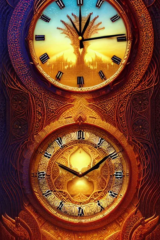 Prompt: intricate arabic Dubai clocks james gurney, dan luvisi, Petros Afshar, tim hildebrandt, liam wong, Mark Riddick, thomas kinkade, ernst haeckel, dan mumford, trending on artstation, josephine wall, WLOP, cgsociety by Gediminas Pranckevicius, trending on cgsociety and DeviantArt