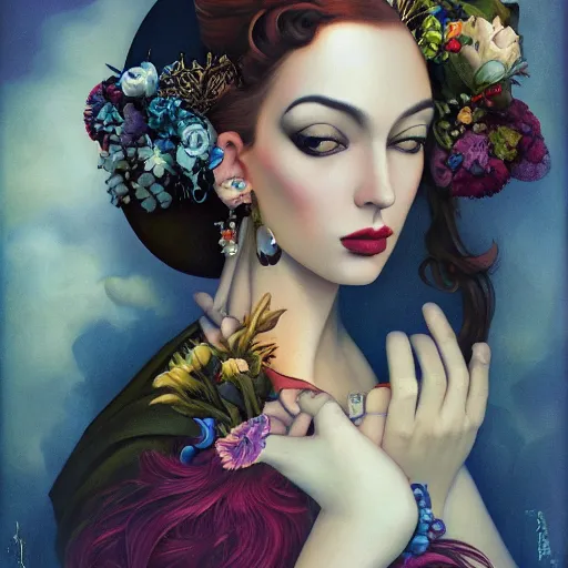 Image similar to dynamic composition, a painting of a woman with hair of flowers and raven plummage wearing ornate earrings, a surrealist painting by tom bagshaw and jacek yerga and tamara de lempicka and jesse king, featured on cgsociety, pop surrealism, surrealist, dramatic lighting, wiccan, pre - raphaelite, ornate gilded details