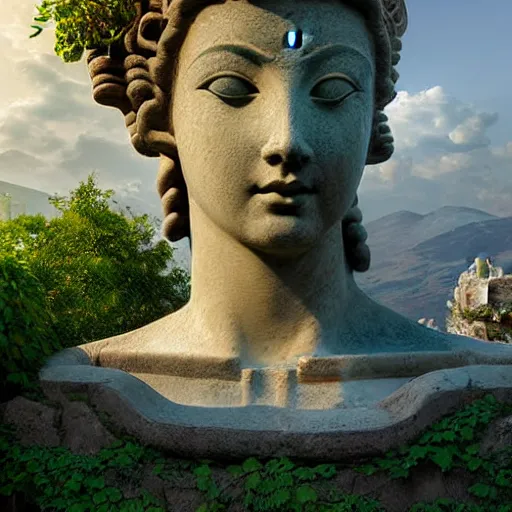 Image similar to beatiful Athena godess looking from a giant Zeus head, greek temple of olympus glory island little wood bridge painting of tower ivy plant in marble late afternoon light, wispy clouds in a blue sky, by frank lloyd wright and greg rutkowski and ruan jia