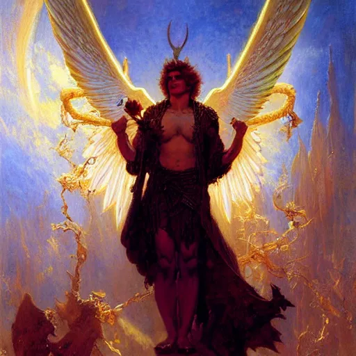 Prompt: attractive male lucifer morning star casting a spell to raise hell unto heaven. highly detailed painting by gaston bussiere, craig mullins, j. c. leyendecker, 8 k