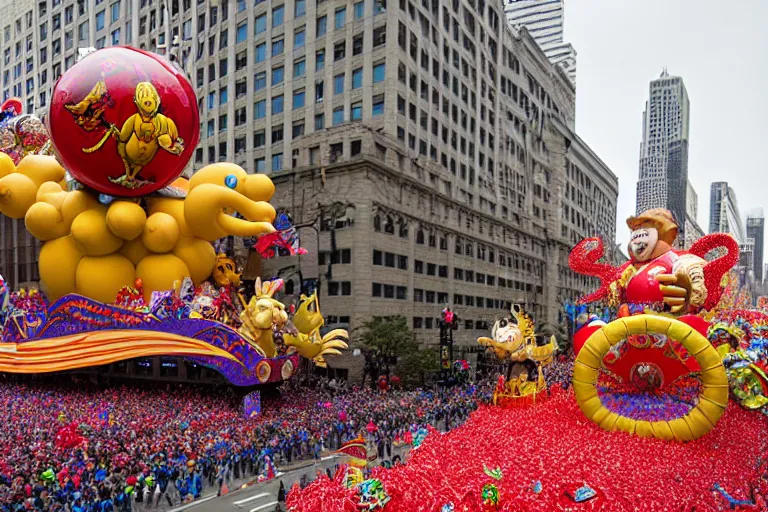 Prompt: photo of giant beautiful elaborate parade float designed by geoff darrow!!!! and ( ( ( ( ( ( chris's foss ) ) ) ) ) ), in the macys parade, detailed 4 k photo